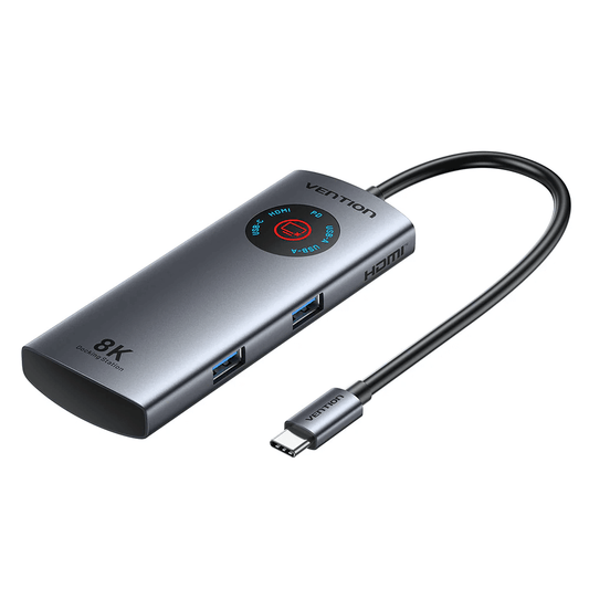 Vention 5-in-1 USB-C 8K Docking Station with LED Display for modern connectivity in a sleek design.