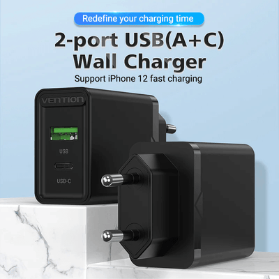 Vention 2-Port USB (A+C) Wall Charger (18W/20W) with fast charging support for iPhone 12 on a marble background.
