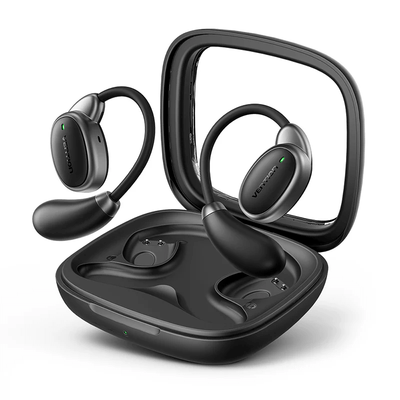 Vention Wireless Bluetooth Open Ear Headphones OpenBeat O15 in their charging case, showcasing modern design and comfort.
