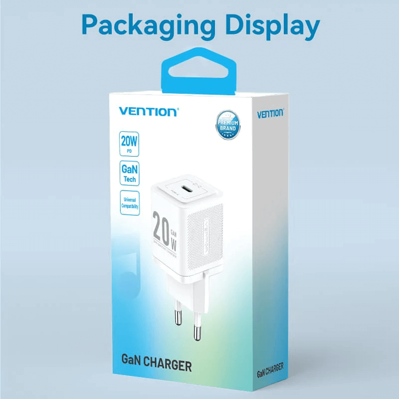 Vention 1-Port USB-C GaN Charger 20W packaging display with specifications and sleek design.