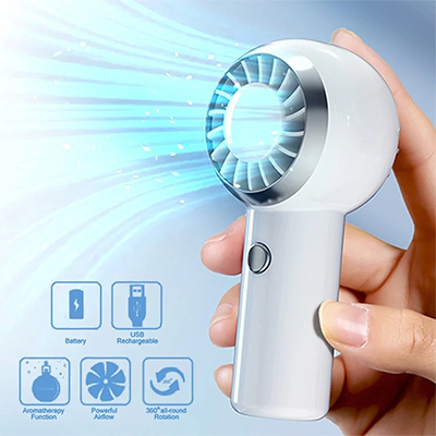 White Mini Turbo Fan held in one hand, showing its circular outlet, short handle and round control in a blue airflow illustration