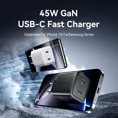 Vention 2-Port USB (C + C) GaN Charger 45W alongside smartphones for fast charging.