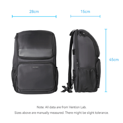 Vention Laptop Backpack 19L dimensions image showing sizing 45cm x 28cm x 15cm, ideal for corporate gift.