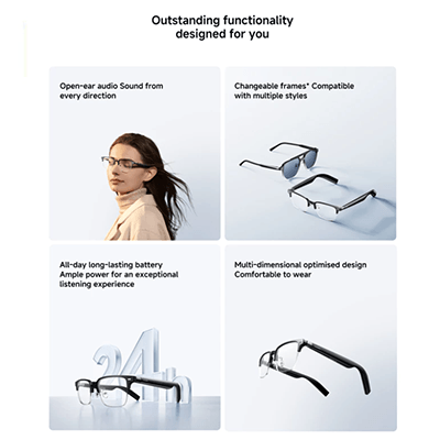 Xiaomi Smart Audio Glasses showcasing open-ear audio, changeable frames, long battery life, and optimized design.
