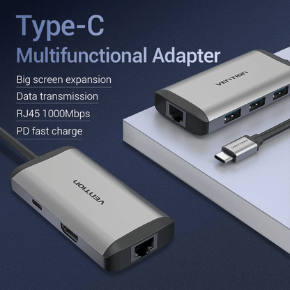 Vention 6-in-1 USB-C Docking Station with Ethernet showcased with big screen expansion and high-speed data transmission.