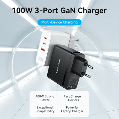 Vention 3-Port USB (C+C+A) GaN Charger 100W, powerful multi-device charging solution