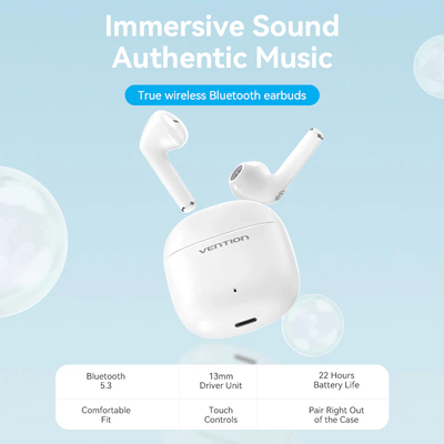 Vention True Wireless Bluetooth Earbuds Elf E02 showcasing immersive sound and touch controls for seamless connectivity.