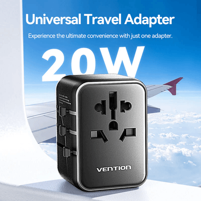 Vention 3-Port USB (C+A+A) Universal Travel Adapter 20W with multi-port charging for international travel.