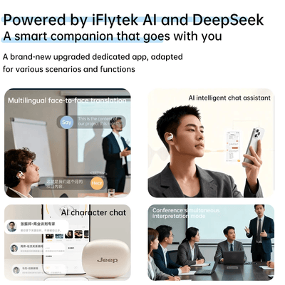 Jeep EX1 Open-Ear Wireless Earbuds with AI Translator features AI chat assistant and multilingual translation functions.