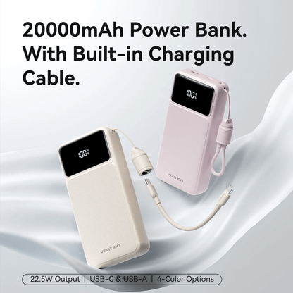 Vention 20000mAh Power Bank with Built-in Cable 22.5W in two colors, showcasing its compact and efficient design.