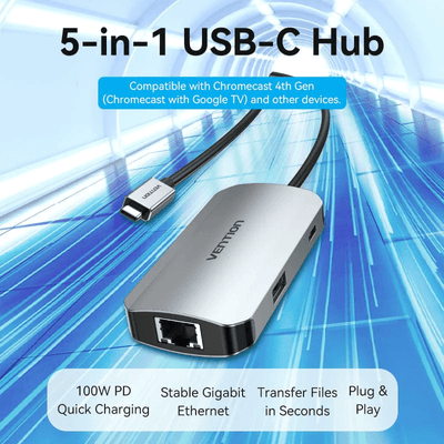 Vention 5-in-1 USB-C Hub with Ethernet offering 100W PD charging and stable Gigabit Ethernet connectivity.