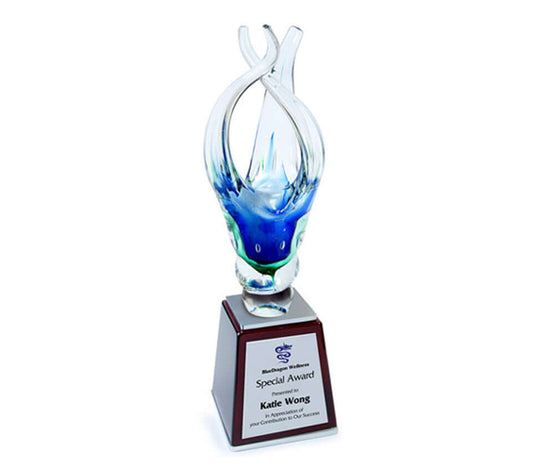 Bloom Aquatic on Oblique Wood Base Award by Corporate Gift Store Singapore