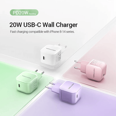 Vention Single Port USB-C Wall Charger 20W in white, green, and pink for fast charging compatible with iPhone.