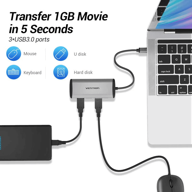 Vention 5-in-1 USB-C Hub with Gigabit Ethernet connected to a laptop, showcasing fast data transfer speeds.