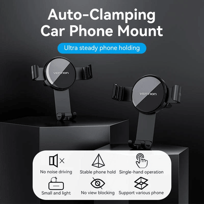 Vention Car Phone Mount featuring auto-clamping, hands-free operation, and noise-free design, ideal for safe driving.