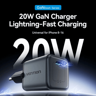 Vention 1-Port USB-C GaN Charger 20W for fast and efficient charging of devices.
