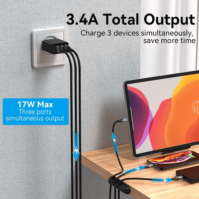 Vention 3-Port USB(A+A+A) Wall Charger 17W charging three devices simultaneously with 3.4A total output.
