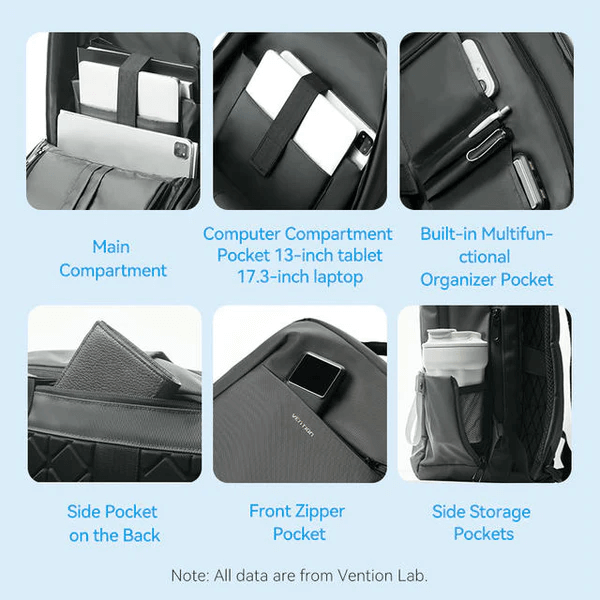 Different pockets and compartments of Vention 17.3 Inch Water-Repellent Laptop Backpack for organization.