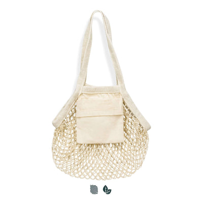 Cotton Mesh Foldaway Tote Bag - Small with compact cotton slip pocket in natural color.