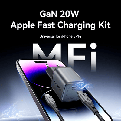 Vention 1-Port USB-C GaN Charger (20W) with USB-C to Lightning Cable (1M) for Apple devices.