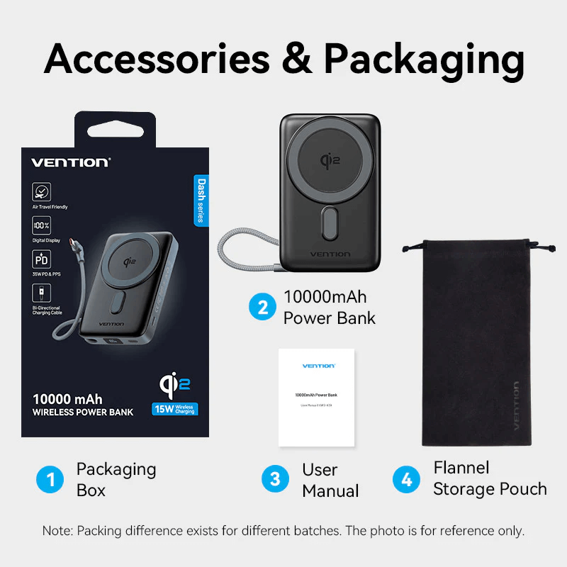 Vention Qi2 10000mAh Power Bank 35W with packaging accessories including box and user manual.
