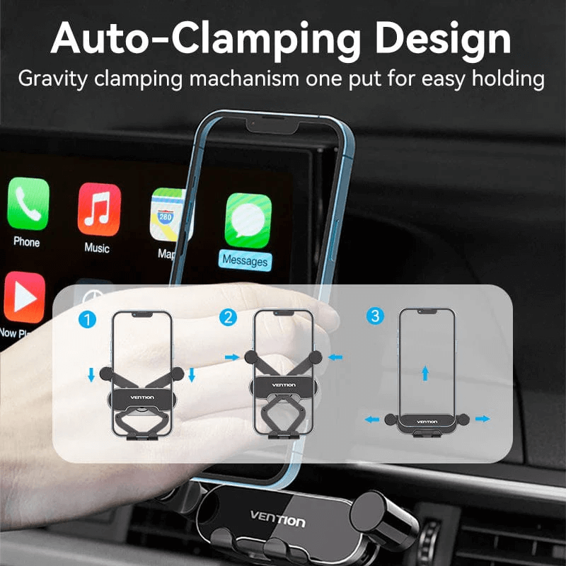 Vention Compact Car Phone Mount with auto-clamping design for secure one-handed phone holding in car.
