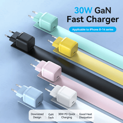 Vention 1-Port USB-C GaN Charger 30W in various colors, featuring compact design and fast charging technology.