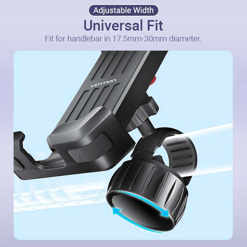 Vention 360° Bike Phone Mount featuring adjustable width for universal fit on handlebars 17.5mm-30mm diameter.