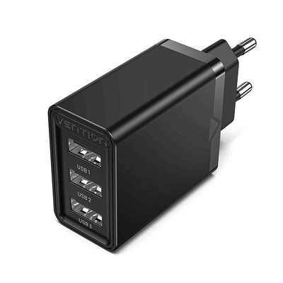 Vention 3-Port USB(A+A+A) Wall Charger 17W with three USB ports for efficient device charging