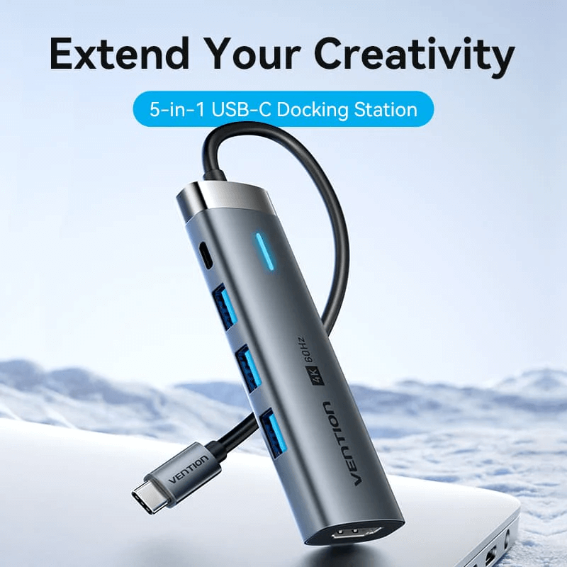 Vention 5-in-1 USB-C Portable Docking Station with multiple ports for enhanced connectivity and creative abilities.