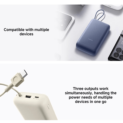 Xiaomi 33w Power Bank 20000mah Integrated Cable supports multiple devices with three outputs for efficient charging.