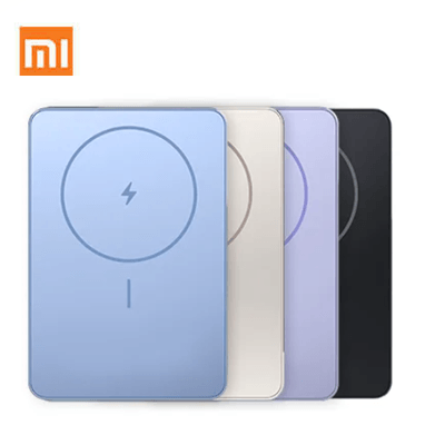 Xiaomi Super Slim Magnetic Power Bank 5000 in various colors, sleek portable charging solution for devices.