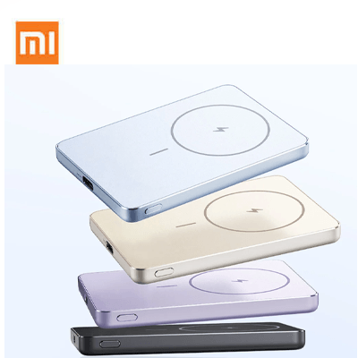Xiaomi Super Slim Magnetic Power Bank 5000 in multiple colors with sleek design and magnetic feature.