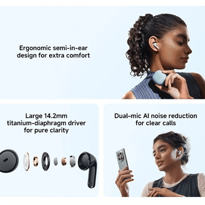 Xiaomi REDMI Buds 8 Active showcasing ergonomic design and large titanium driver for clarity.