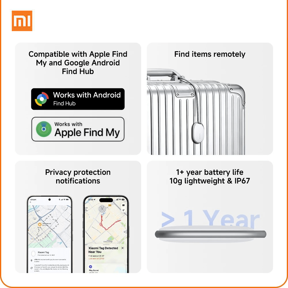 Xiaomi Location Tracker Tag features for remote tracking, compatibility with Apple Find My, and long battery life.