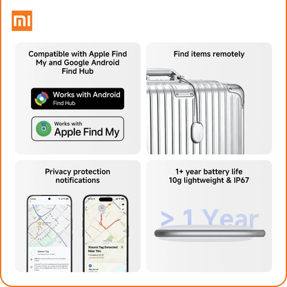 Xiaomi Location Tracker Tag features for remote tracking, compatibility with Apple Find My, and long battery life.