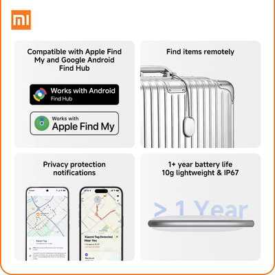 Xiaomi Location Tracker Tag features for remote tracking, compatibility with Apple Find My, and long battery life.