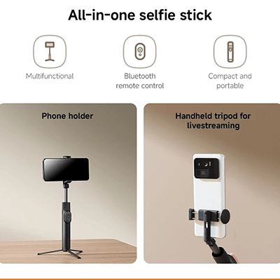 Xiaomi Selfie Stick Tripod Mini features multifunctional design and Bluetooth remote control for capturing moments.