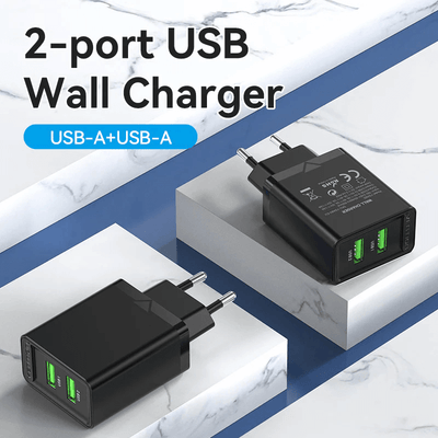 Vention 2-Port USB (A+A) Wall Charger 18W on a marble surface, showcasing dual charging ports for efficient power delivery.