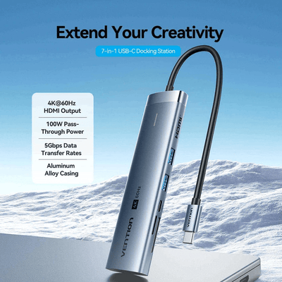 Vention 7-in-1 USB-C Docking Station features HDMI output, 100W power, and 5Gbps data transfer rates.