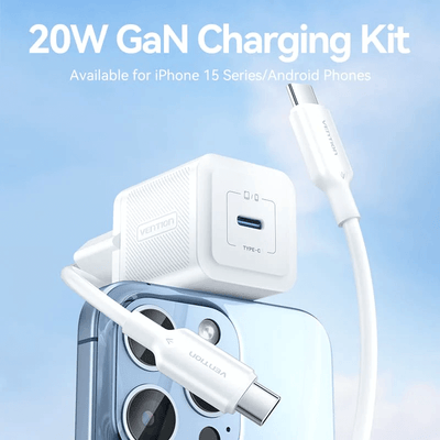 Vention 1-Port USB-C GaN Charger 20W with Cable 1M next to an iPhone 15 for fast charging.