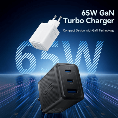 Vention 3-Port USB (C+C+A) GaN Charger 65W with compact design and advanced GaN technology.