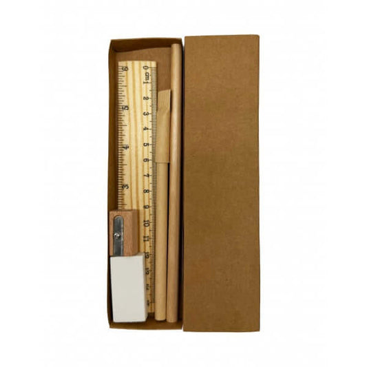 Eco Friendly Stationery 5in1 Set including pencil, ball pen, sharpener, ruler, and eraser in kraft box.