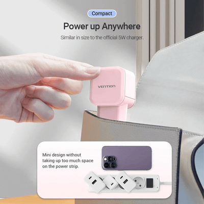 Vention Single Port USB-C Wall Charger 20W compact design, charging device easy for travel and corporate gift.