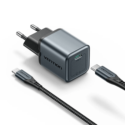 Vention 1-Port USB-C GaN Charger (20W) with USB-C to Lightning Cable (1M) for efficient charging.