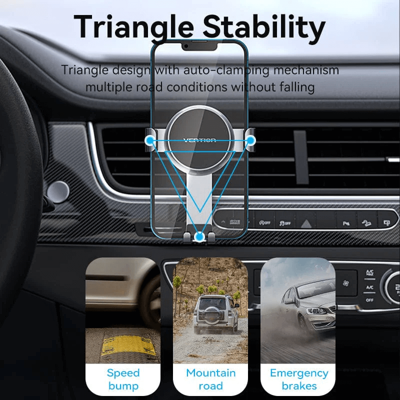 Vention Tiny Car Phone Mount featuring triangle stability for secure phone grip during driving on various road conditions.