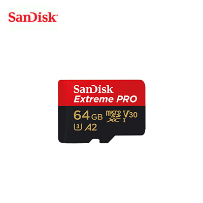 SanDisk Extreme PRO microSDXC QuickFlow UHS-I 64GB memory card for high-performance devices.