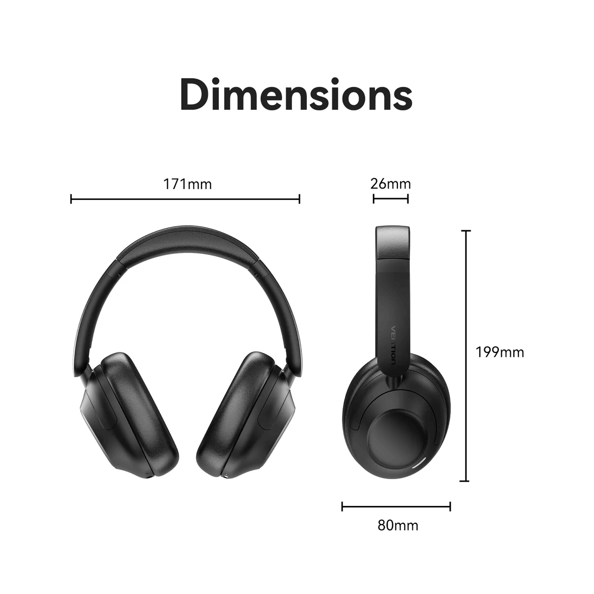 Dimensions of Vention Echo Clarity LH01 Wireless Headphone showing height, width, and depth measurements.