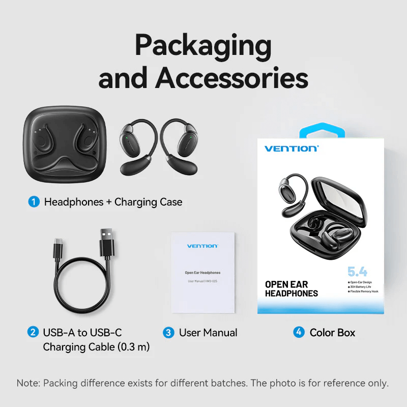 Vention Wireless Bluetooth Open Ear Headphones OpenBeat O15 packaging and accessories including charging case and USB cable.