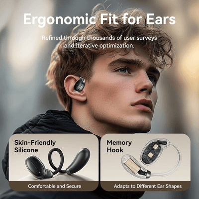 Vention Wireless Bluetooth Open Ear Headphones OpenBeat with ergonomic fit and skin-friendly silicone design.